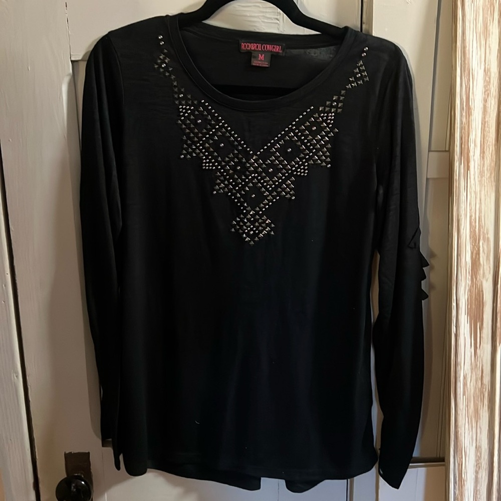 Rock and Roll Cowgirl black knit top medium fringe